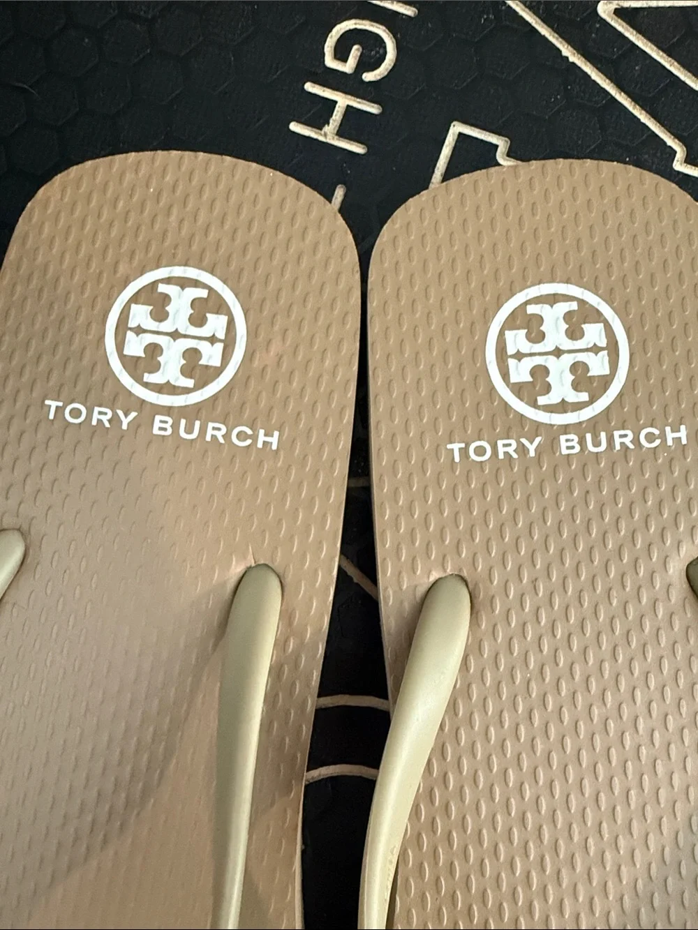 TORY BURCH Taupe Flip Flop Sandals with Gold Logo ~ 10/10.5